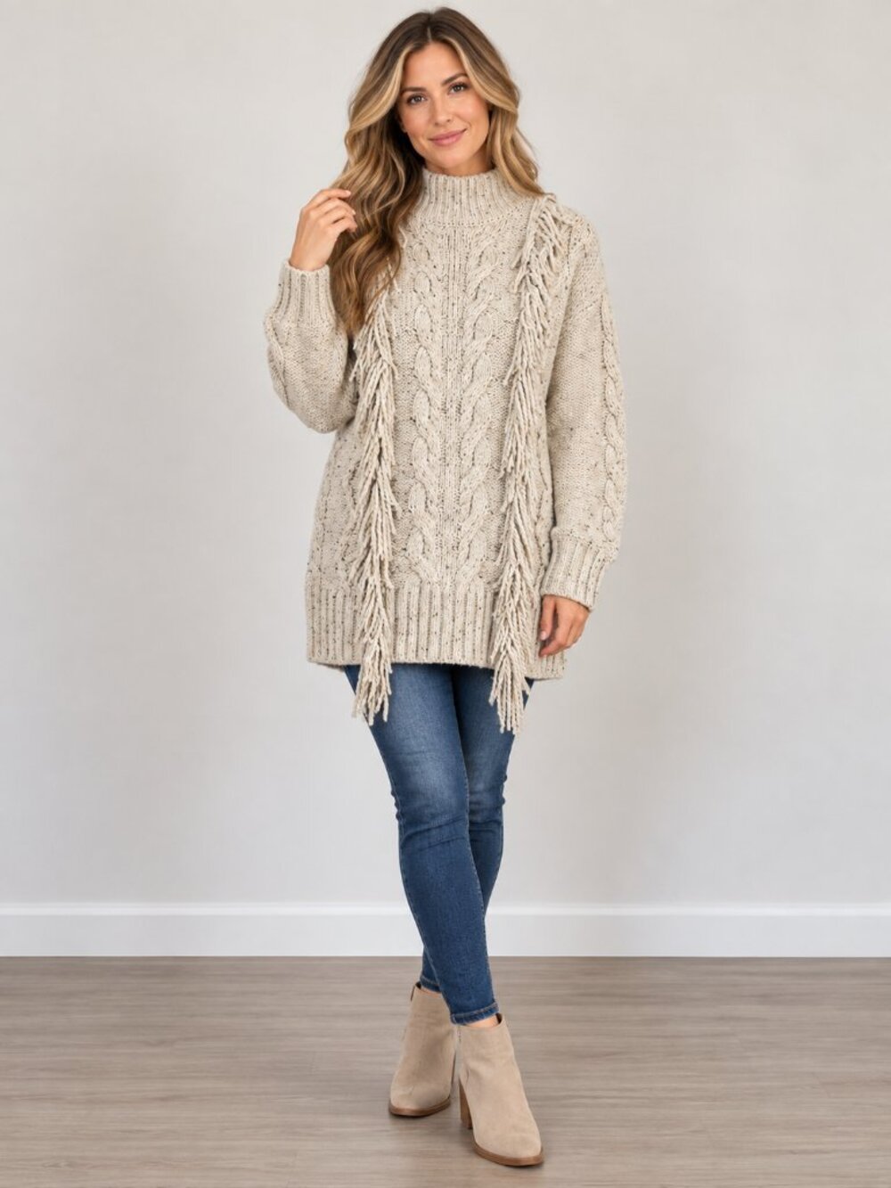 Line & Dot Daria Fringe Ivory Cable Knit Sweater Small